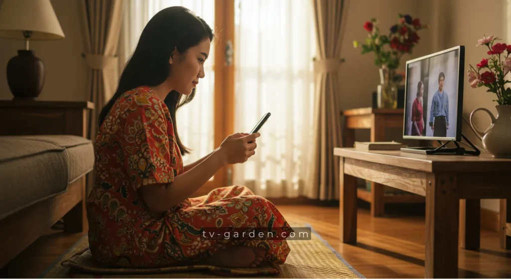 A young lady is watching drama on mobile using tv garden app