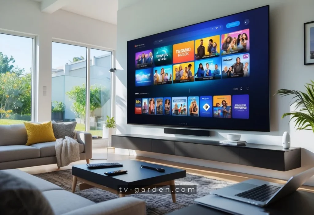 A modern living room with a large flat-screen TV showing a colorful streaming interface, a sofa, coffee table, laptop, and natural light coming through windows.