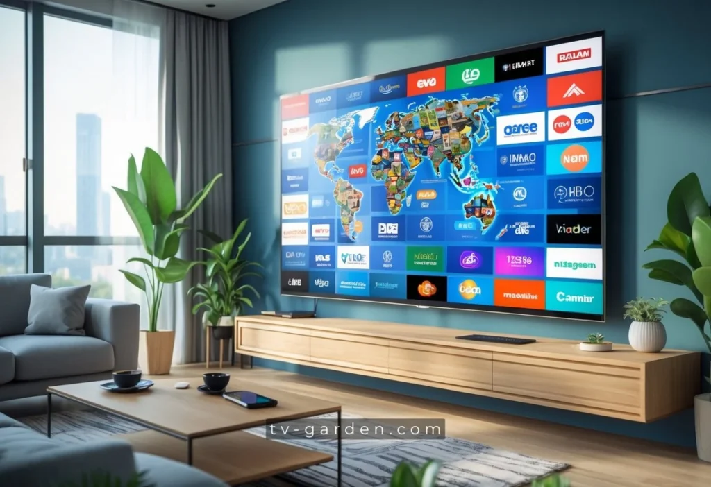 A living room with a large TV showing multiple international TV channels from around the world.