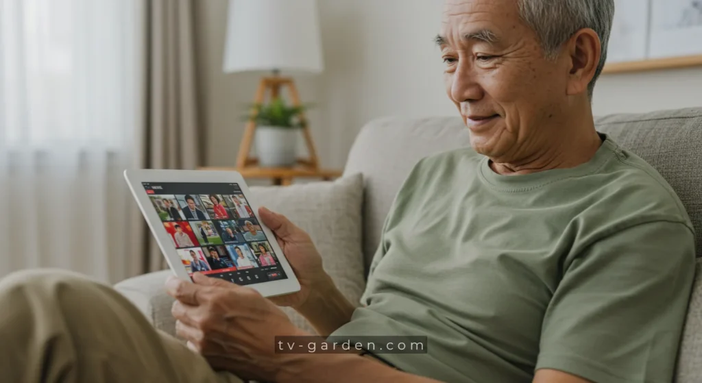 an elderly man watching news channel on tv garden app on a tablet phone (2)